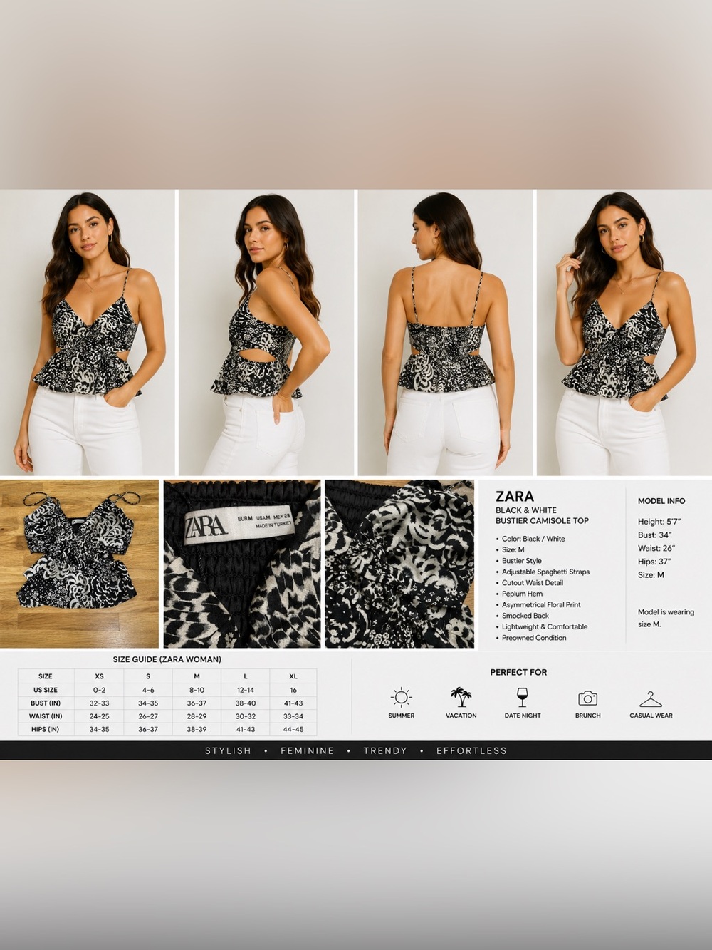 Zara Black White Floral Bustier Peplum Cami Top Size M Cutout Waist
